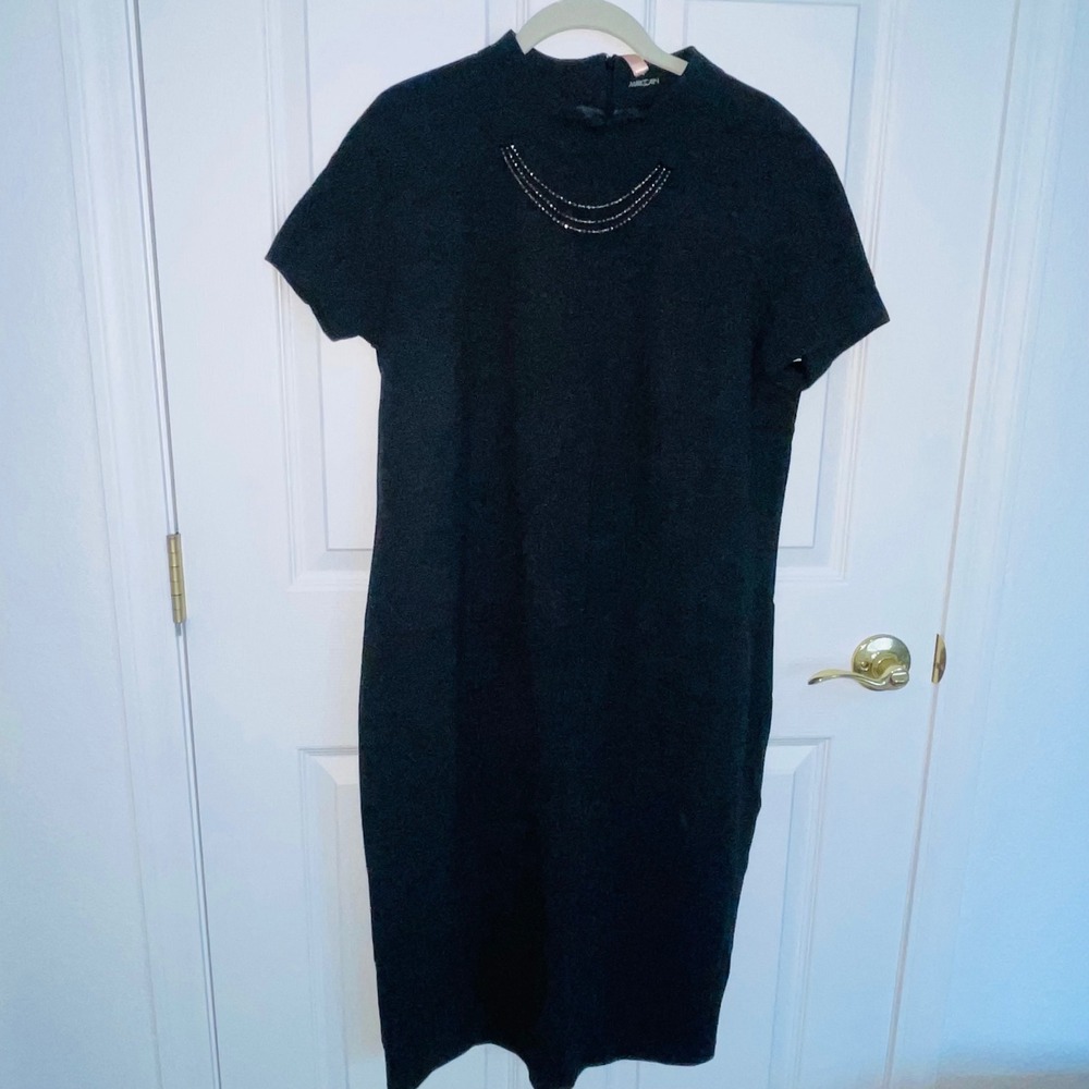 MARC CAIN Additions Dark Grey Knit Rhinestone Neck Shift Dress 12/14